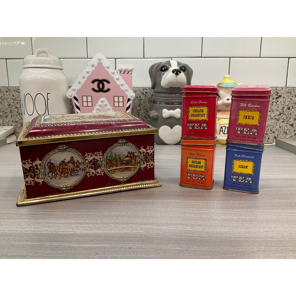 VINTAGE KLANN QUALITY‎ HINGED TIN AND 4 JOHN WAGNER & SONS MINI TEA TINS EMPTY
